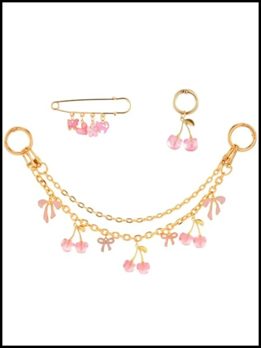 3pc Metal Bag Charms Set w/ Safety Pin & Keychain Gold-Tone Purse Charms